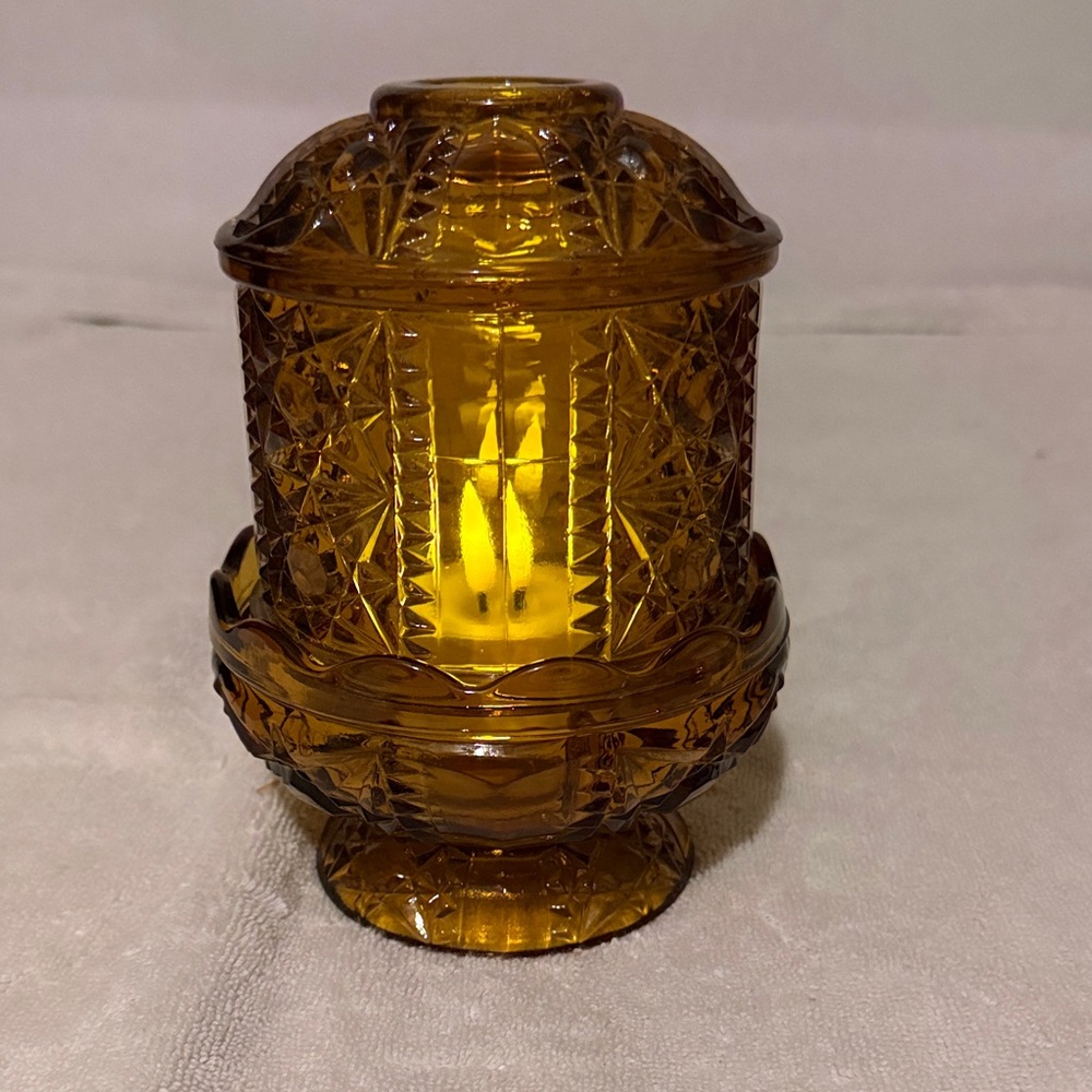 Indiana Glass Fairy Lamp Amber Stars and Bars Vintage Candle Holder - Picture 2 of 4